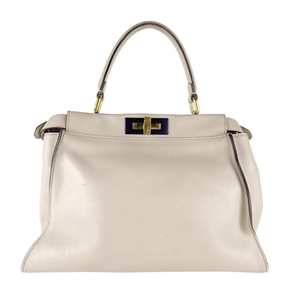 Fendi Peekaboo Leather 2way Shoulder Bag Greige Gray Gold